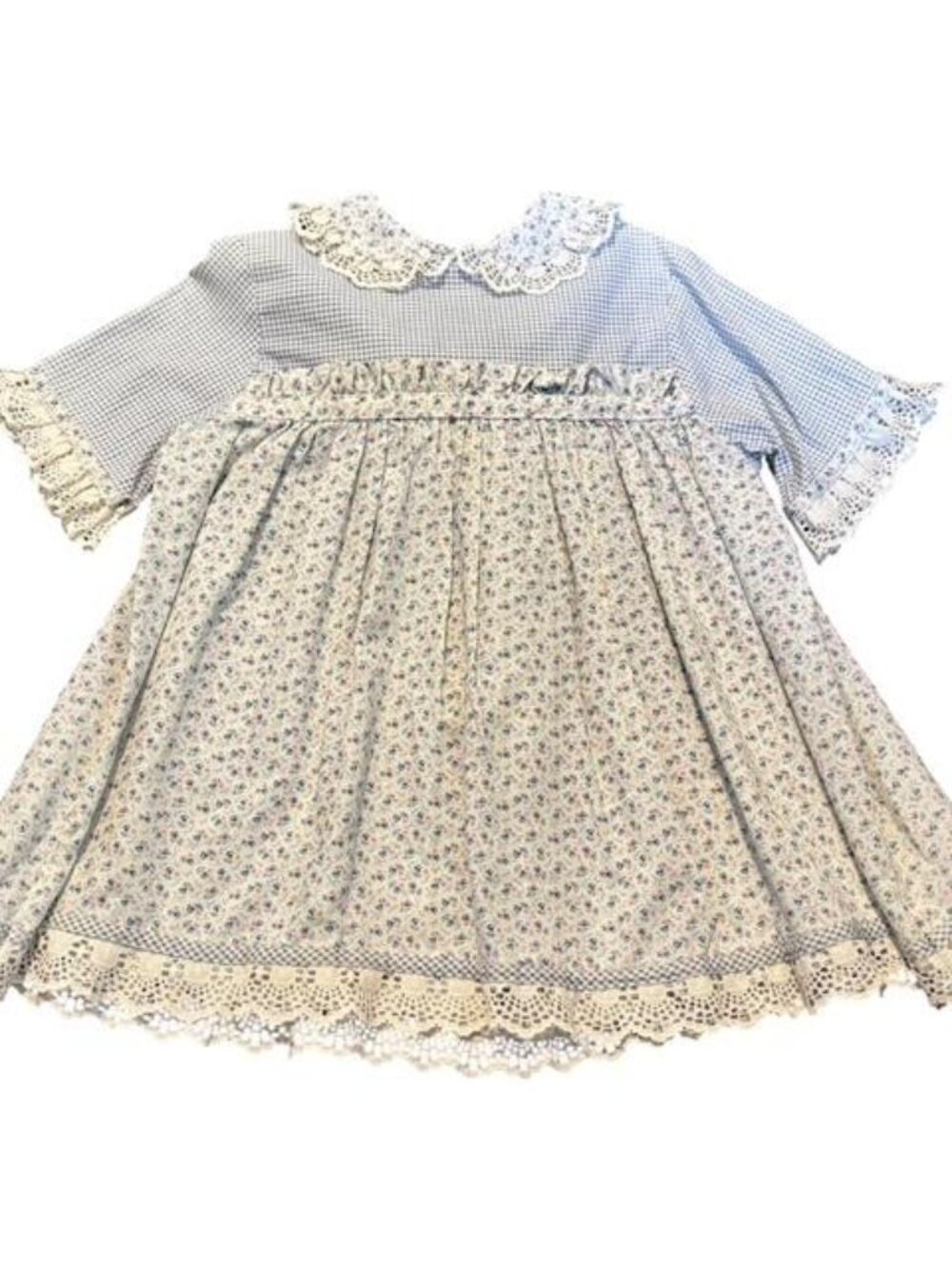 Vintage Cinderella Baby Blue Pink Floral Gingham Lace Collared Dress Size 6